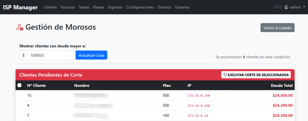 Interfaz del Software ISP Fenix Suite para gestión de morosos