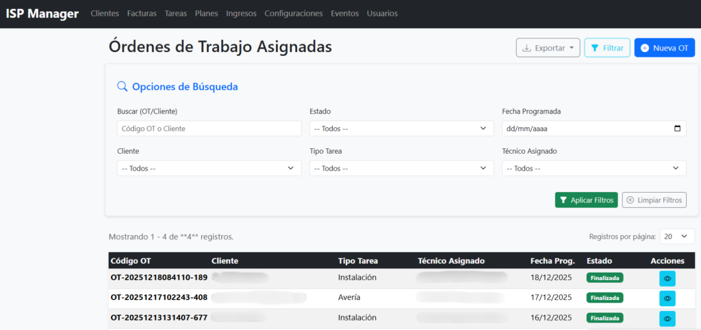 Sistema de gestión de órdenes de trabajo y soporte técnico para cuadrillas ISP